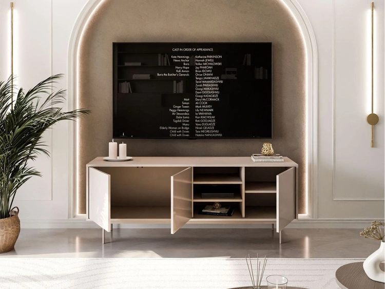 TV-Lowboard im Glamour-Stil mit Türen auf kaschmirfarbenen Füßen Vivance, Kaschmir Hochglanz