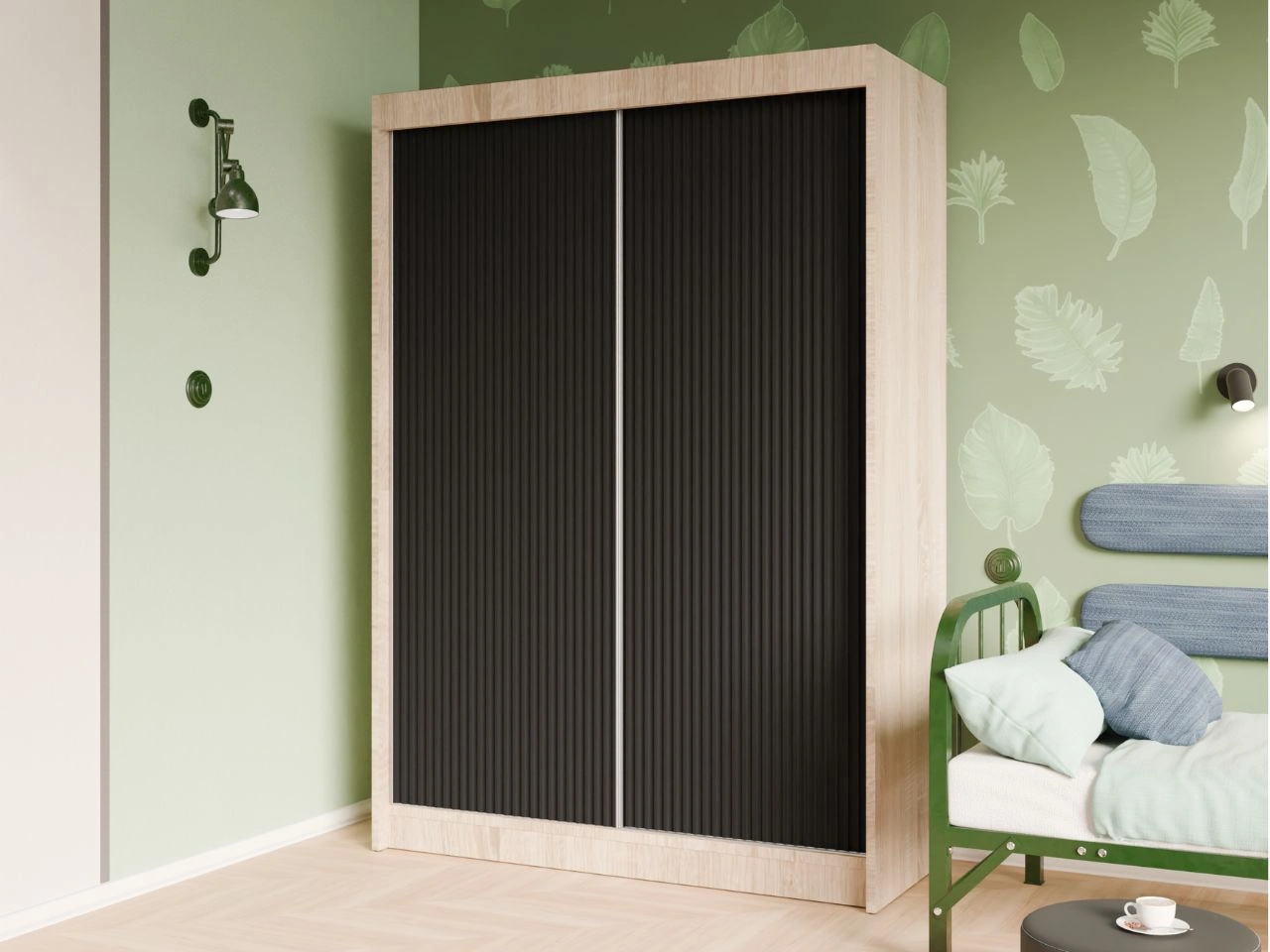 Schiebetürenschrank mit geriffelter Front 150 cm Fano Eiche Sonoma, Schwarz