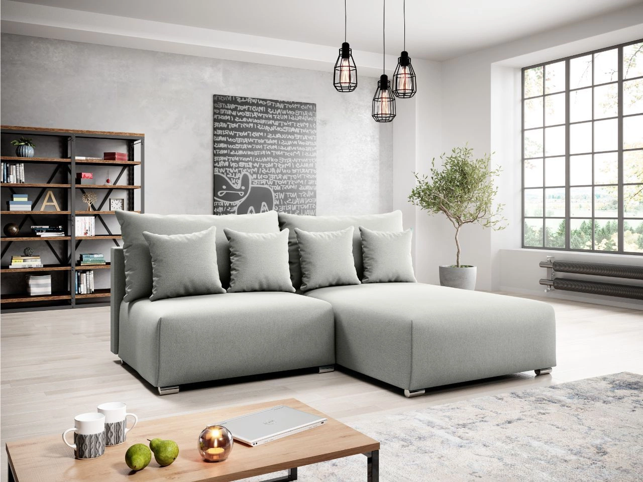 Ecksofa L-Form Rechts mit Schlaffunktion und Bettkasten Ronni Hellgrau