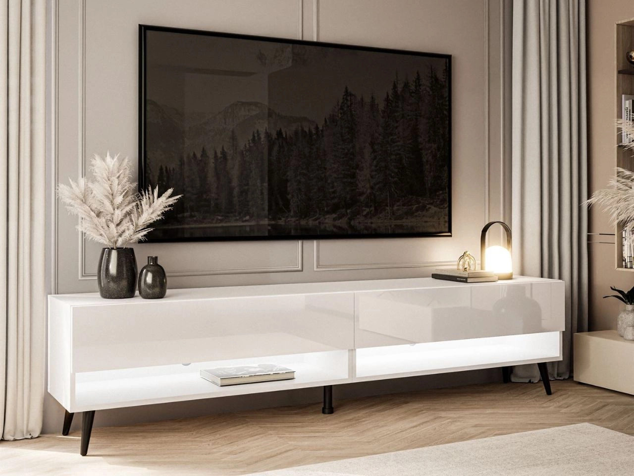 TV-Schrank für das Wohnzimmer 180 cm mit schwarzen Beinen und LED-Beleuchtung Aurelie Weiß Hochglanz