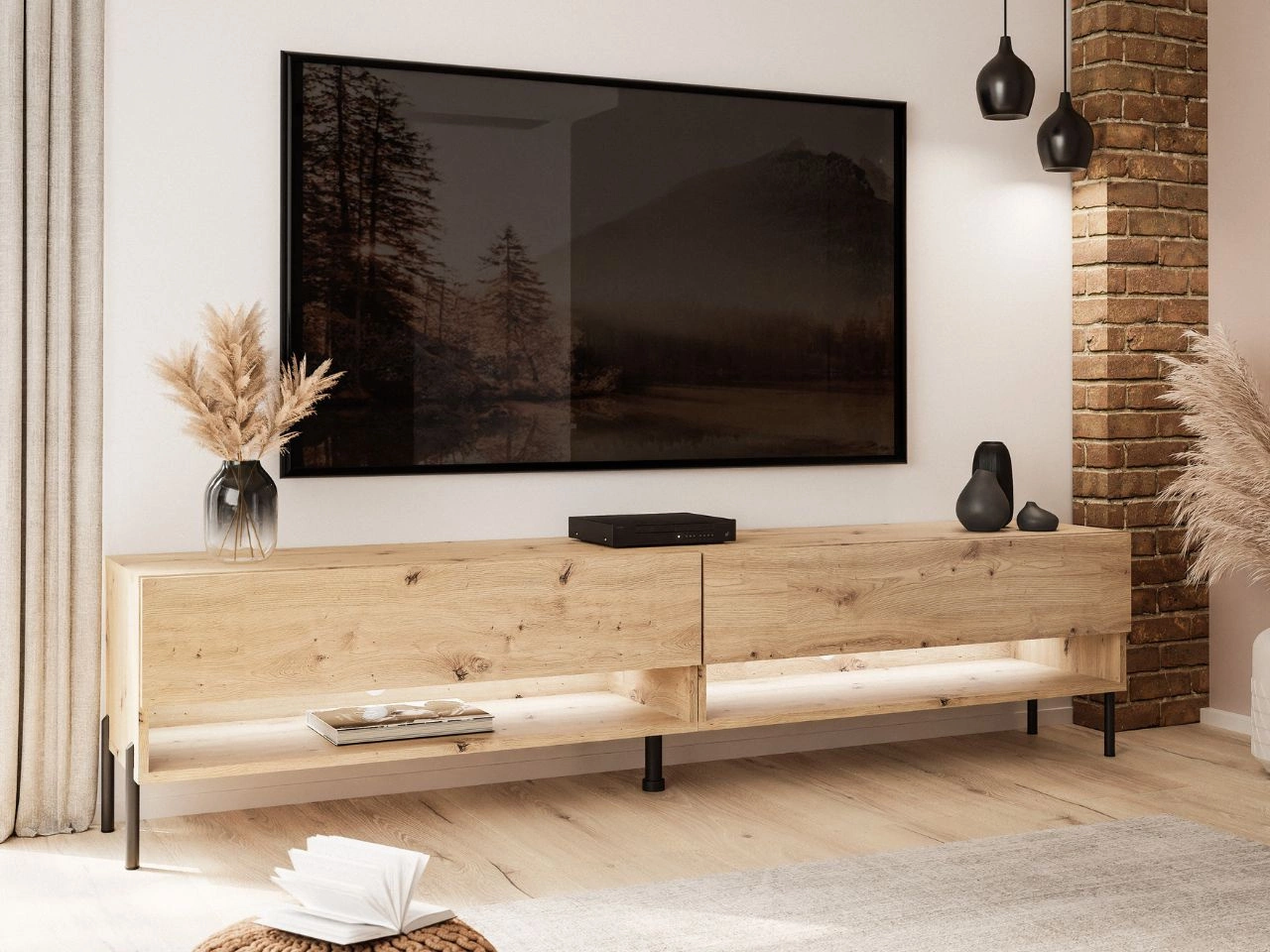 TV-Schrank 180 cm mit LED-Beleuchtung und schwarzen Beinen Aurelie Artisan Eiche