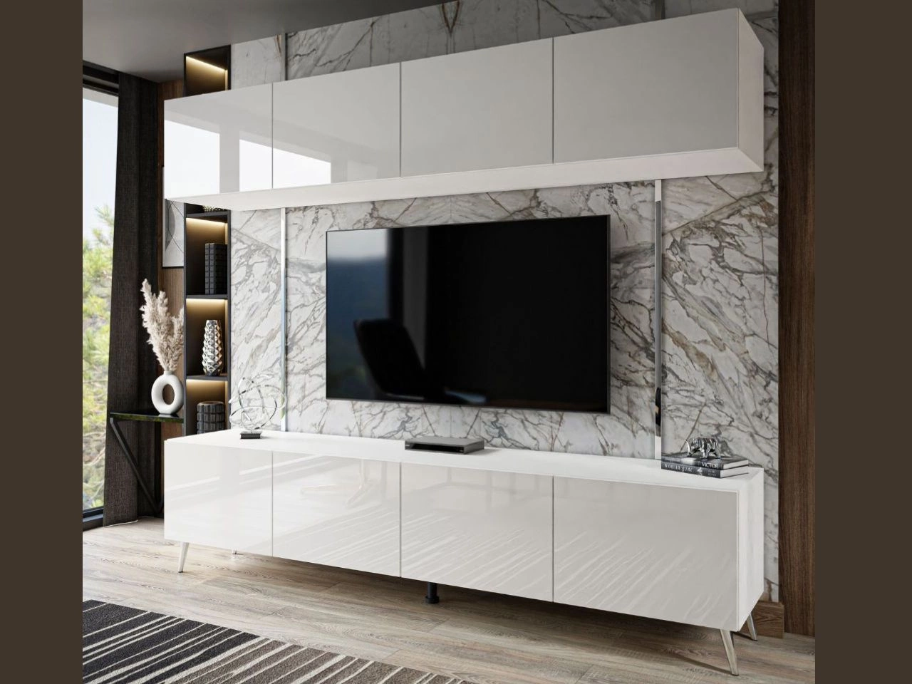 Wohnwand für das Wohnzimmer auf Silbernen Metallbeinen Noaé Weiß Hochglanz