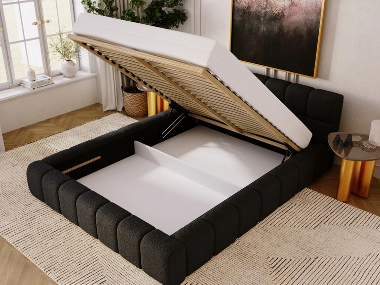 Polsterbett mit Bettkasten und Lattenrost 140x200 Alicante Boucle Schwarz