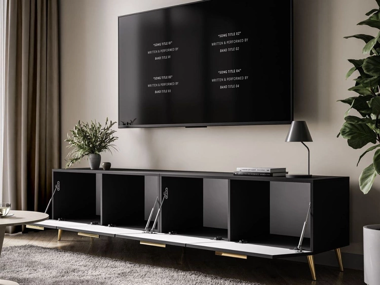 TV-Lowboard mit Türen auf Goldenen Metallbeinen 200 cm Noaé Schwarz Hochglanz