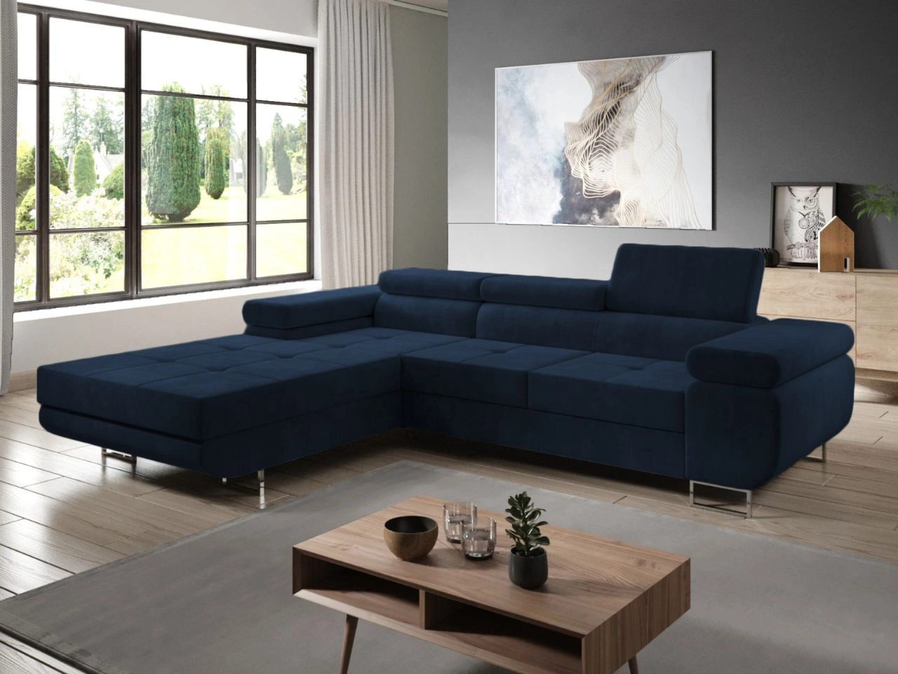 Ecksofa L-Form Links mit Schlaffunktion und Bettkasten Solam Dunkelblau