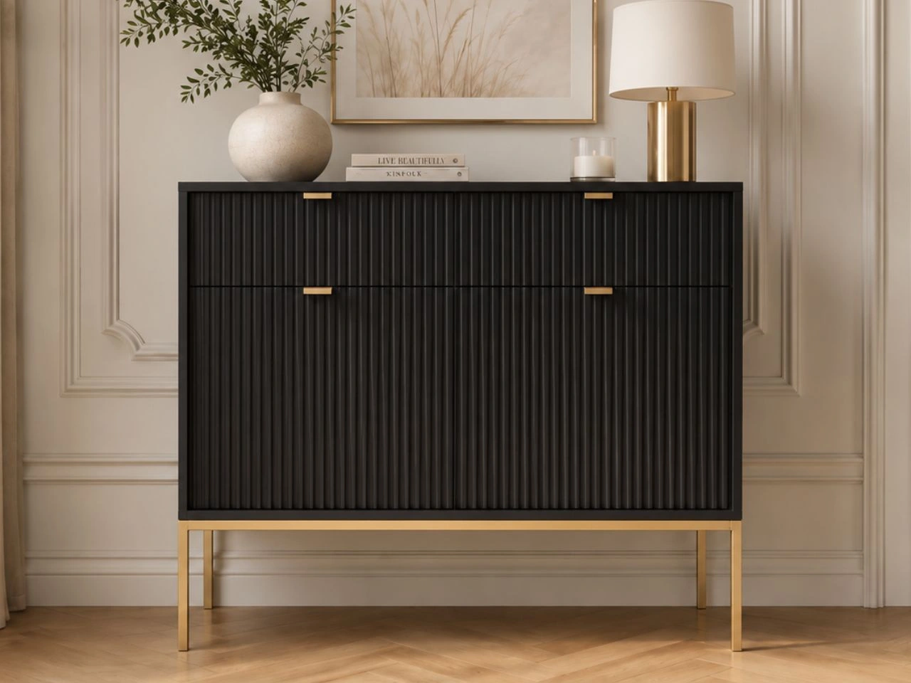Kommode mit Türen und Schubladen Amber Schwarz, Gold Frame