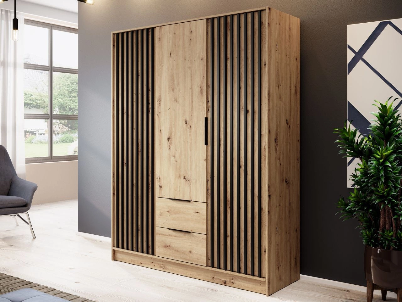 Kleiderschrank 155 cm Artisan Eiche, Schwarz
