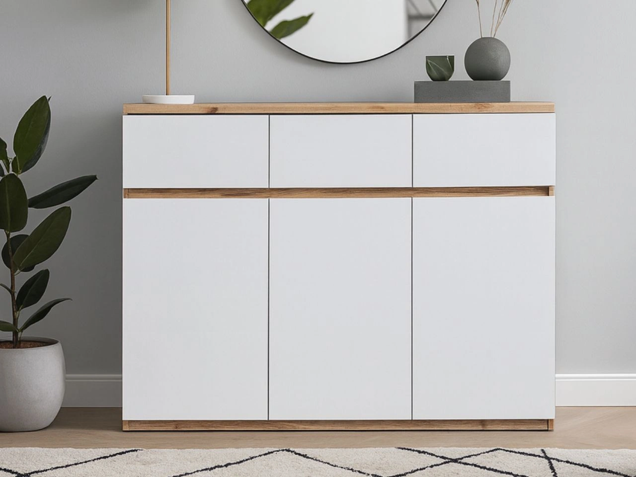 Kommode mit Türen und Schubladen Arcadia Eiche Wotan, Weiß