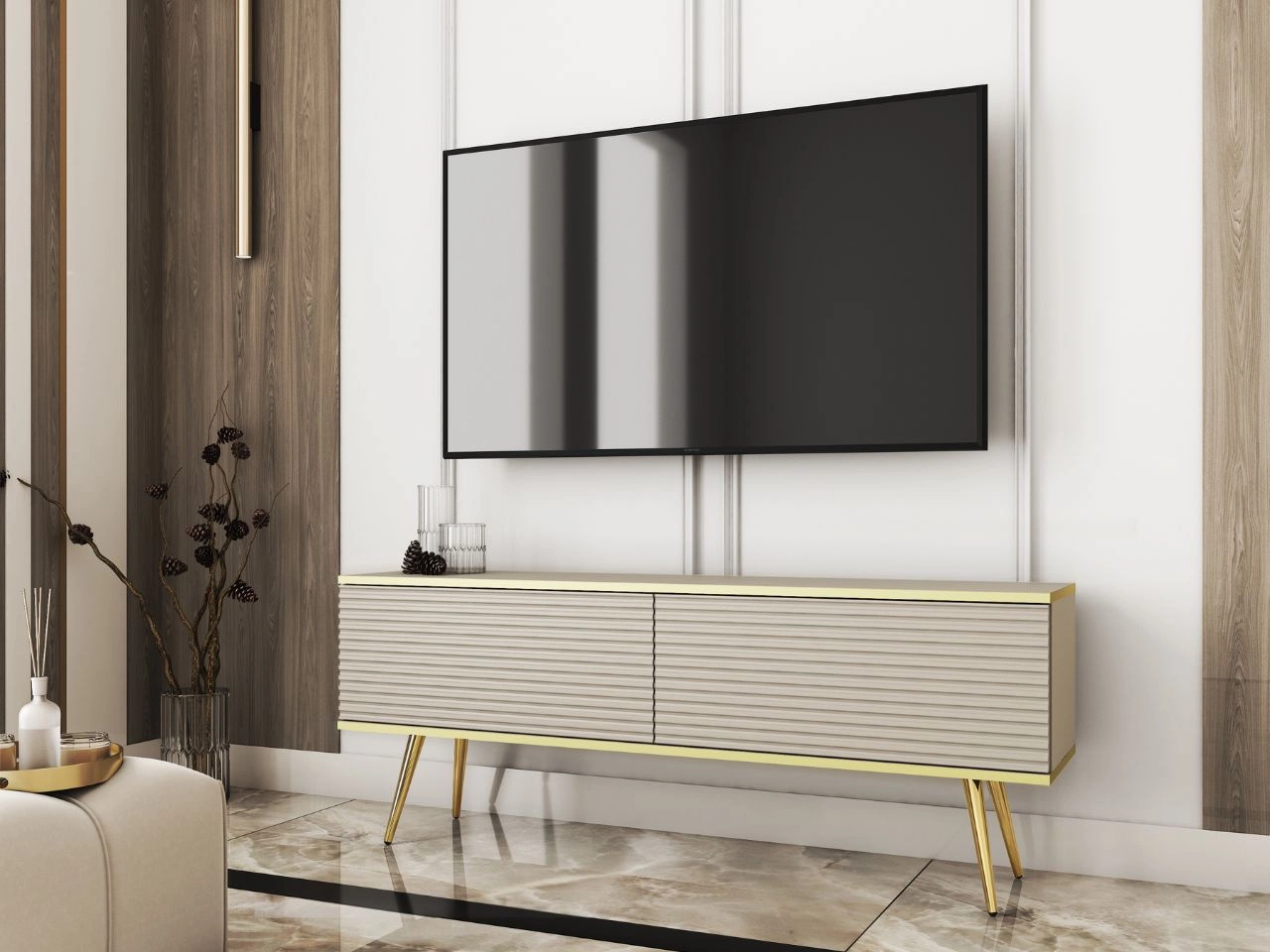 TV-Lowboard mit Türen 135 cm Diolo Beige mit geriffelter Vorderseit auf goldenen Beinen