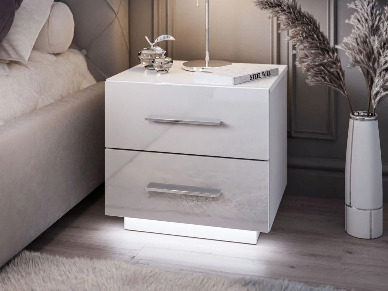 Nachttisch mit zwei Schubladen Nuveo Lux Weiß Hochglanz