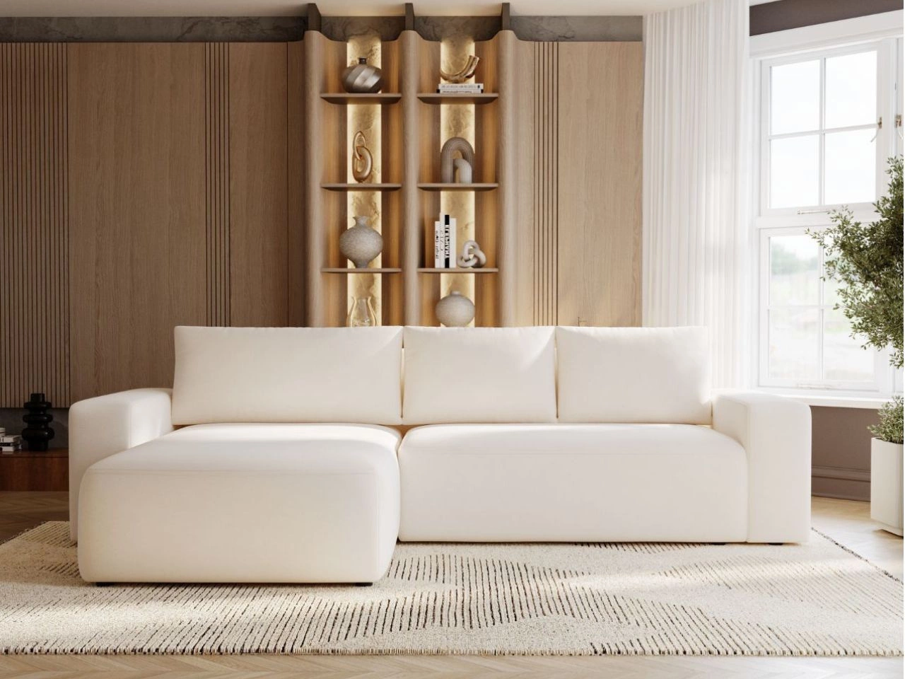 Ecksofa L-Form Links mit Schlaffunktion und Bettkasten Tazones Creme