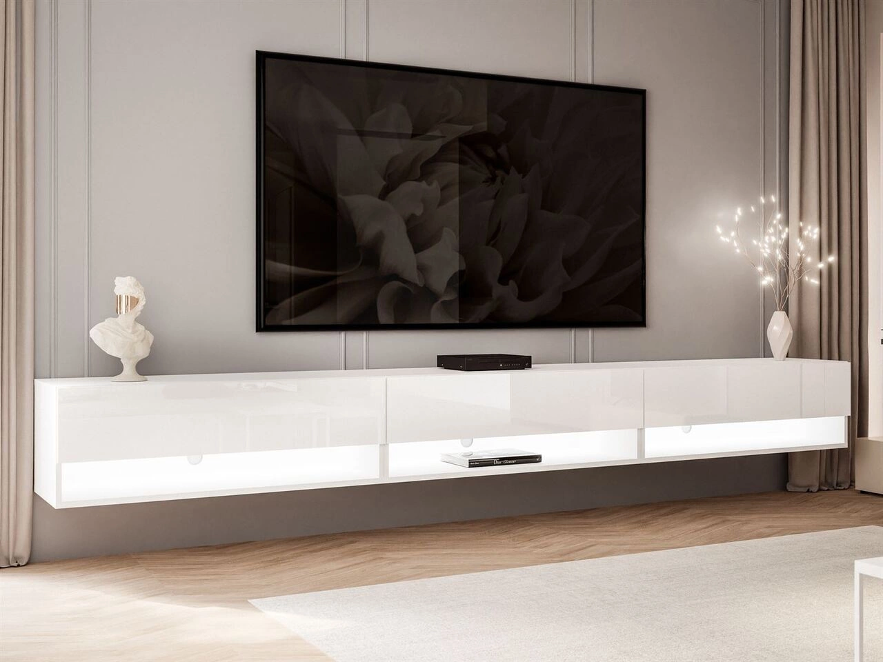 Hänge TV-Schrank 270 cm für Wohnzimmer mit LED-Beleuchtung Aurelie Weiß Hochglanz