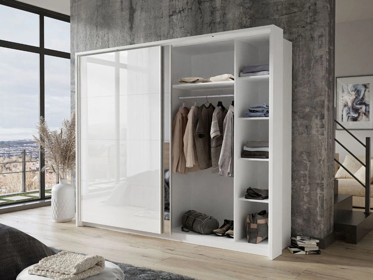 Schwebetürenschrank Zweitüriger mit Aufsatz 254 cm Nuveo Weiß Hochglanz