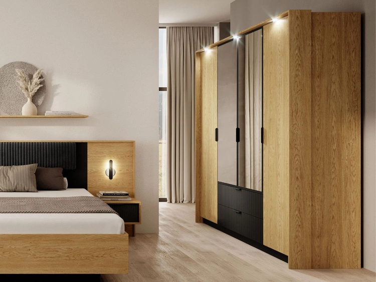 Kleiderschrank mit Spiegel Bolzano Baltische Eiche, Schwarz