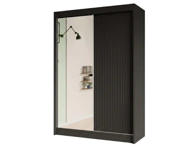 Schiebetürenschrank mit geriffelter Front und Spiegel 150 cm Fano Schwarz