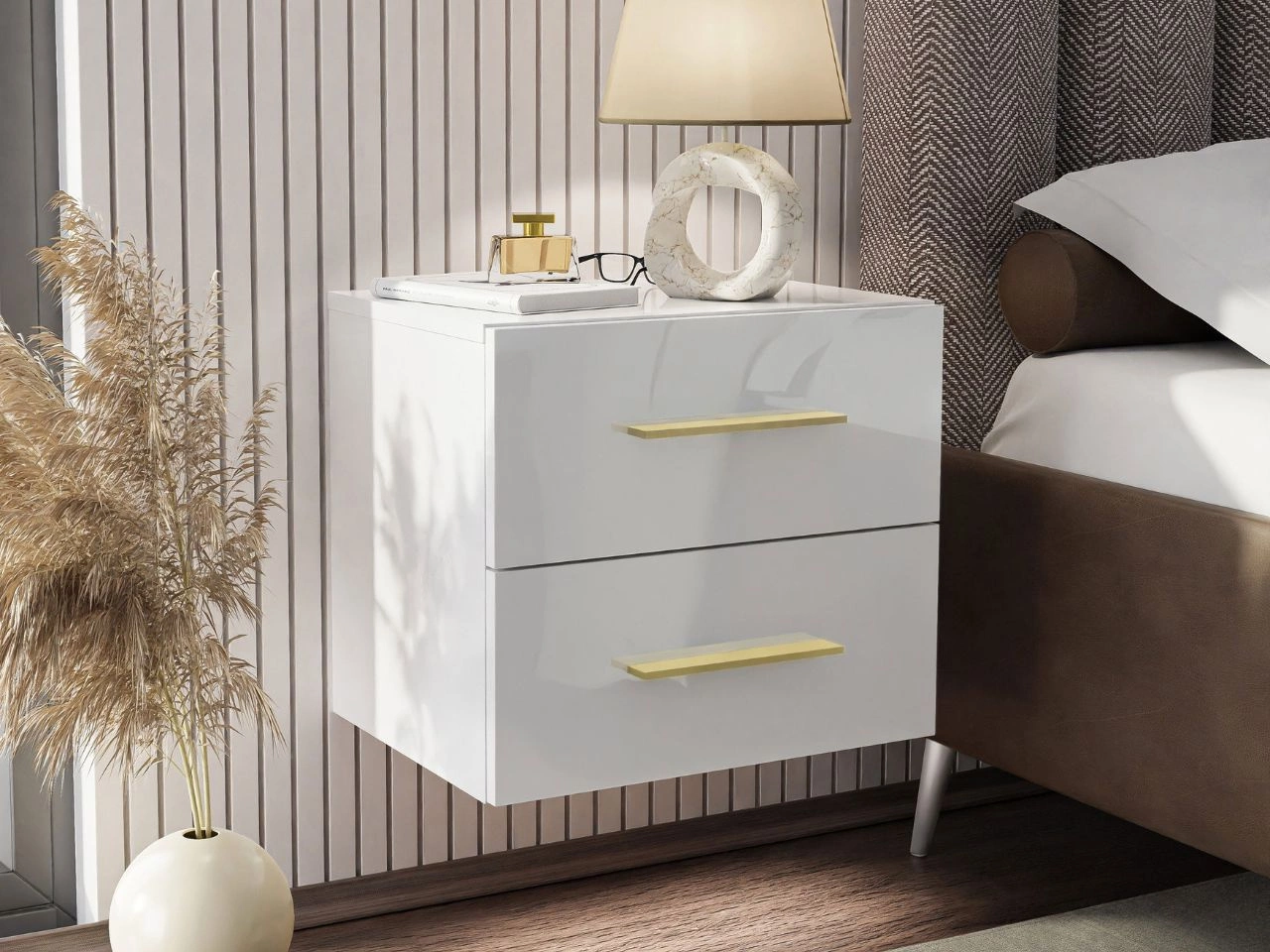 Hängender Nachttisch mit zwei Schubladen Nuveo Lux Weiß Hochglanz