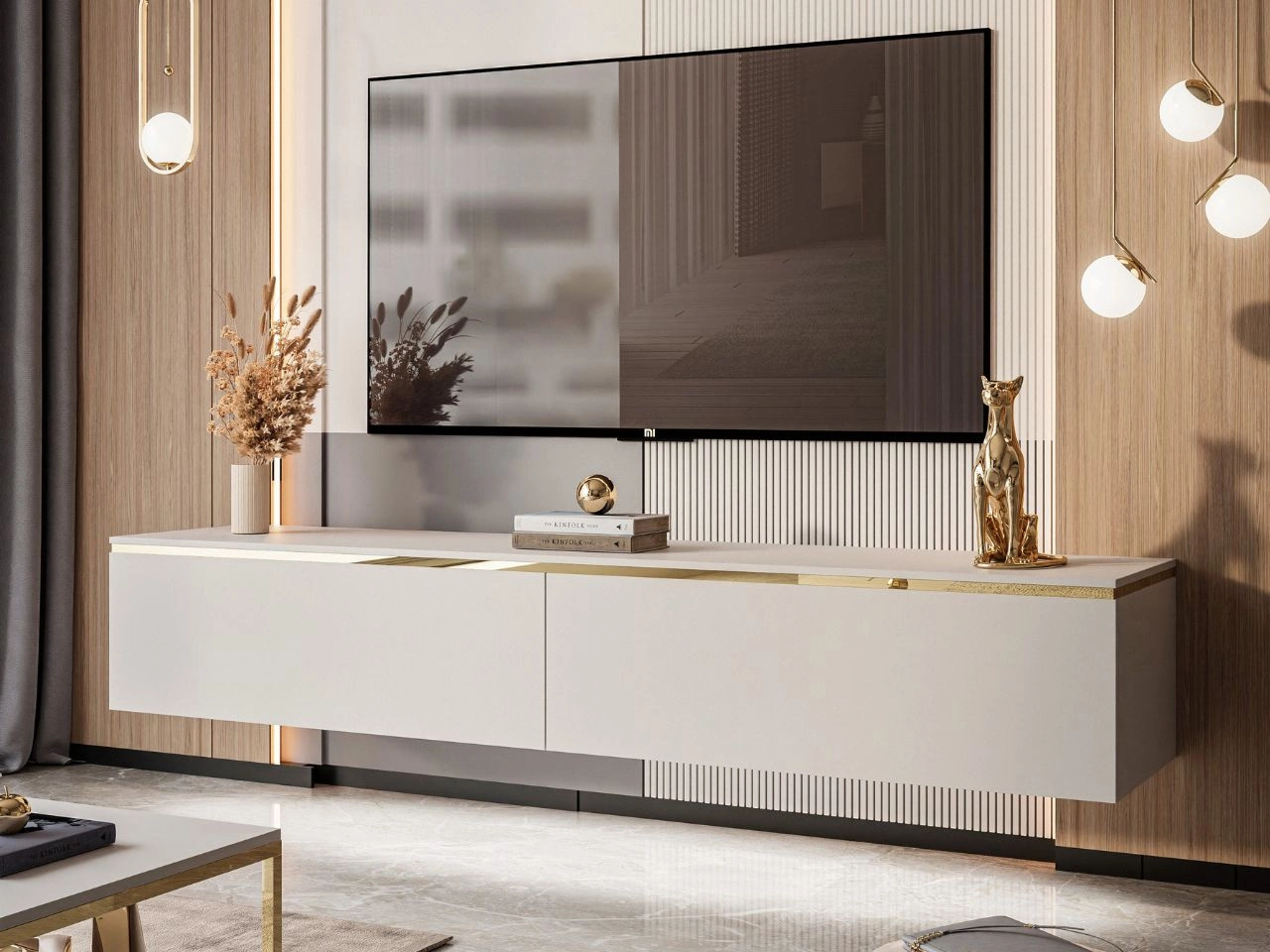 Hänge TV-Schrank 180 cm Glamour mit LED-Beleuchtung für Wohnzimmer Evare Kaschmir