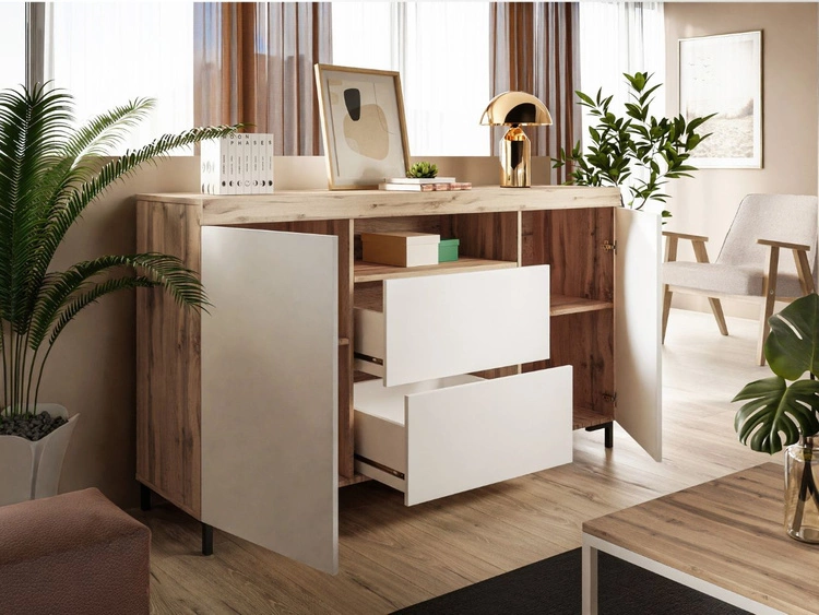 Zweittürige Kommode 164 cm im Loft-Stil Asumi Weiß matt und Eiche Wotan