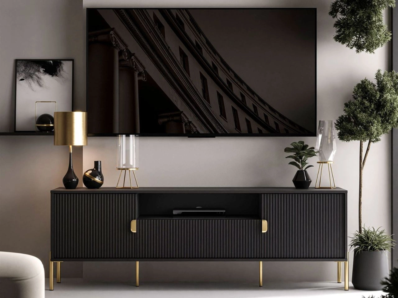 TV-Lowboard breit zweitürig mit Schublade und goldenen Metallfüßen Orlean Schwarz Matt