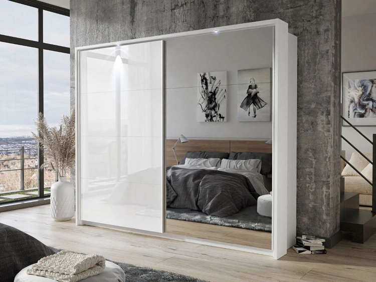 Schwebetürenschrank Zweitüriger mit Aufsatz und Spiegel 254 cm Nuveo Weiß Hochglanz