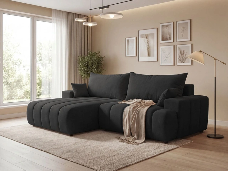 Ecksofa L-Form Links mit Schlaffunktion und Bettkasten Caleo Schwarz