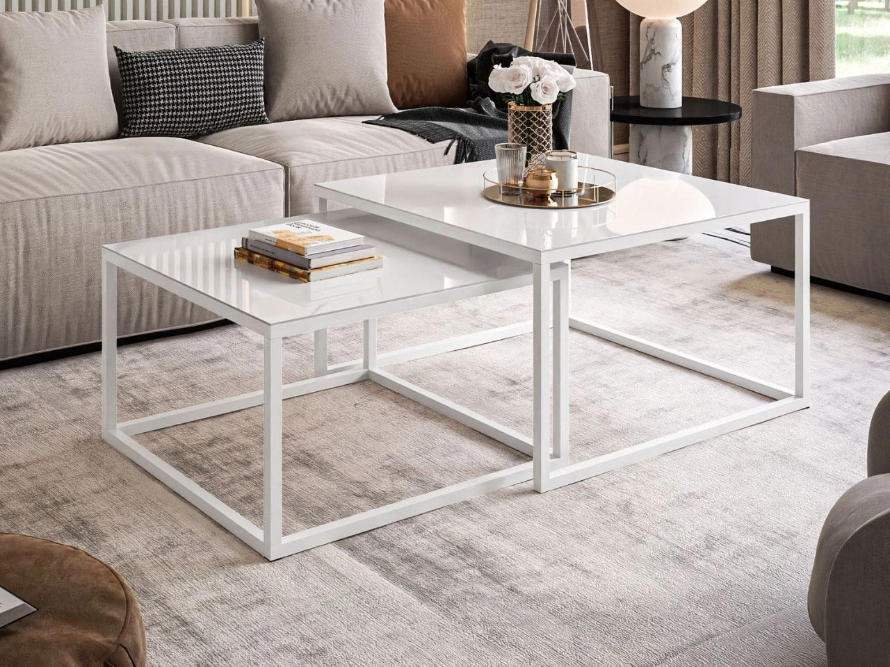 Couchtisch auf weißem Gestell mit Glasplatte Asumi Weiß 39x45