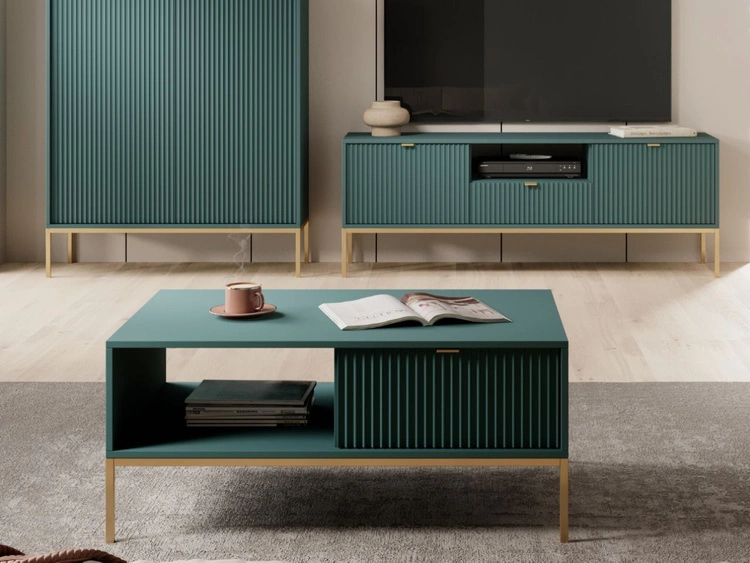 Couchtisch mit Stauraum Amber Grün, Gold Frame