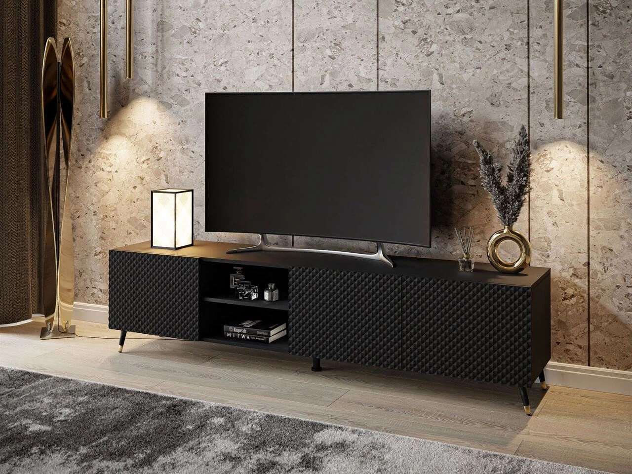 TV-Schrank mit schwarz-goldene Metallbeinen und gefrästen Fronten 3D Celiane Schwarz matt