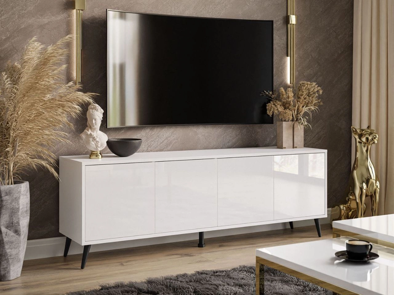 TV-Lowboard mit Türen schwarze Beine Vivance Weiß Hochglanz