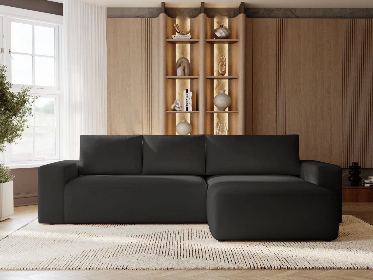 Ecksofa L-Form Rechts mit Schlaffunktion und Bettkasten Tazones Schwarz