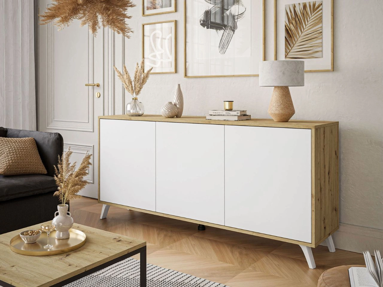 Dreitürige Kommode 154 cm im Loft-Stil mit weißen Beinen – Vivance, Weiß matt & Eiche Artisan