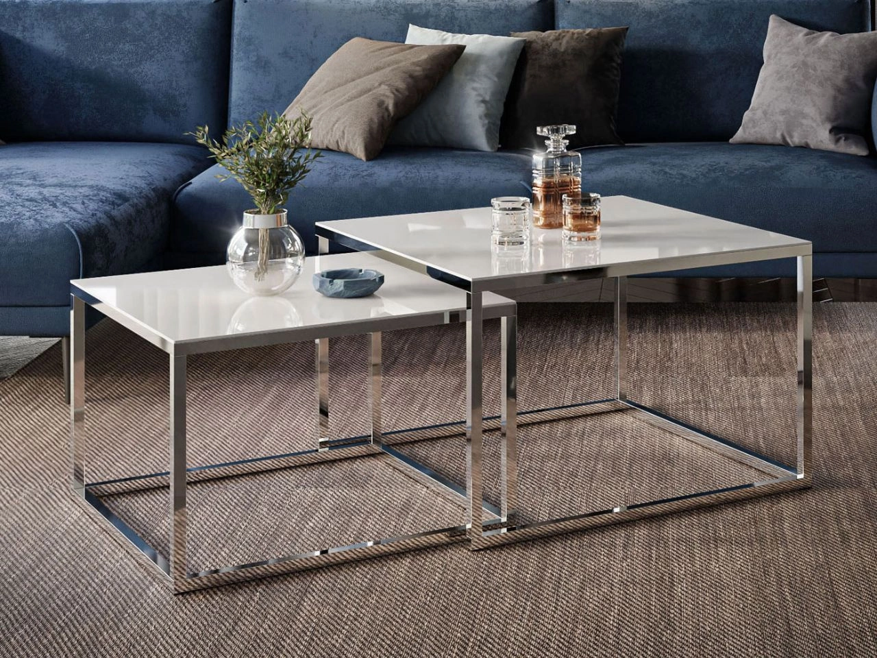 Couchtisch auf verchromtem Gestell mit Glasplatte Asumi Weiß 35x41