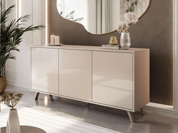 Dreitürige Kommode 154 cm Glamour-Stil auf kaschmirfarbenen Beinen Vivance Kaschmirglanz