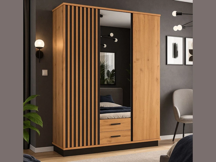 Spiegelschrank 150 cm mit Lamellen und Schubladen für das Schlafzimmer Lavore Wotan Eiche, Schwarz matt