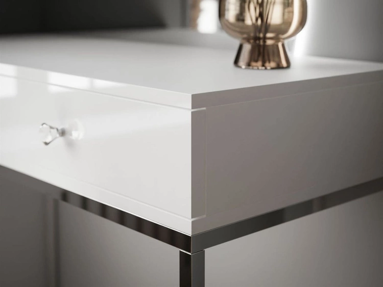 Kosmetiktisch rechtsseitig mit Schubladen und LED-Beleuchtung auf silbernen Beinen Clarette Weiß Hochglanz
