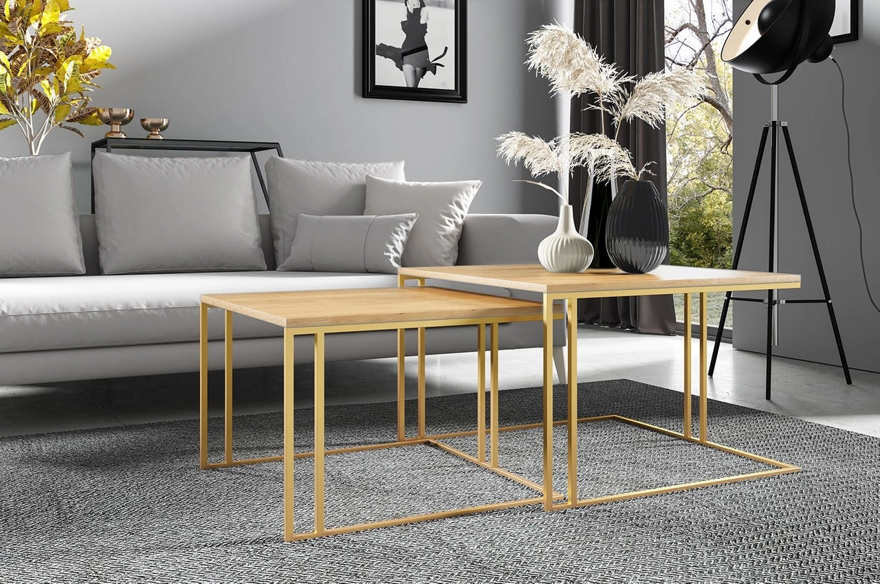 Couchtisch 2er Set Aden Gold - Lancelot Eiche