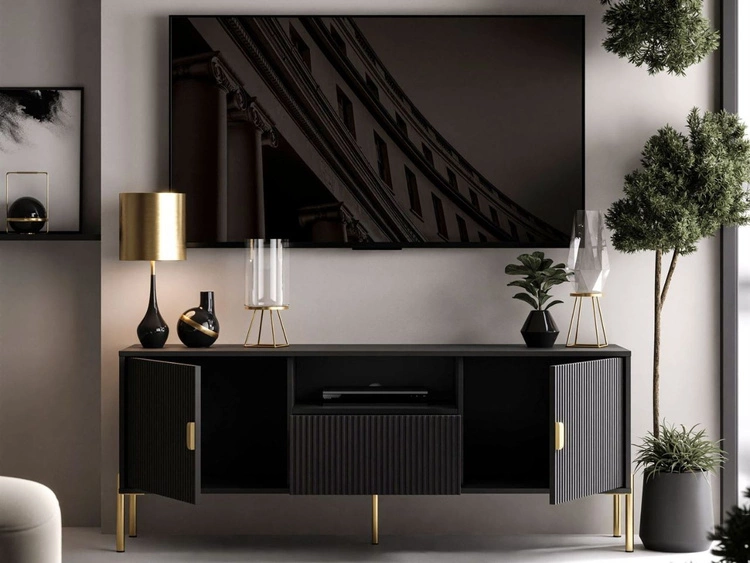 TV-Lowboard zweitürig mit Schublade und goldenen Metallfüßen Orlean Schwarz Matt