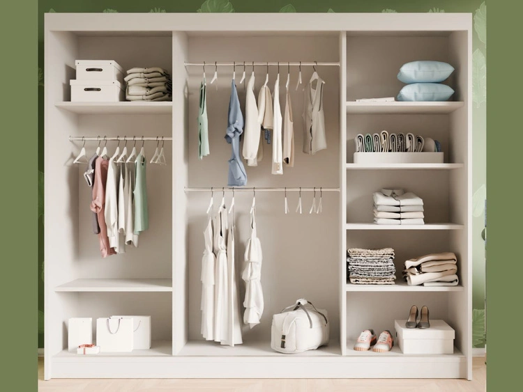 Schiebetürenschrank mit geriffelter Front und Spiegel 250 cm Fano Weiß, Schwarz