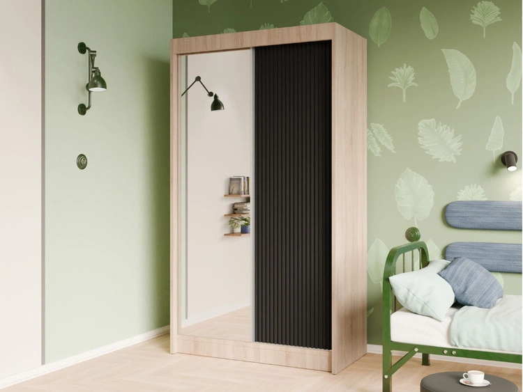 Schiebetürenschrank mit geriffelter Front und Spiegel 120 cm Fano Eiche Sonoma, Schwarz