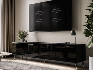 TV-Lowboard mit Türen und LED-Beleuchtung auf Schwarz-Goldenen Metallbeinen 200 cm Noaé Schwarz Hochglanz