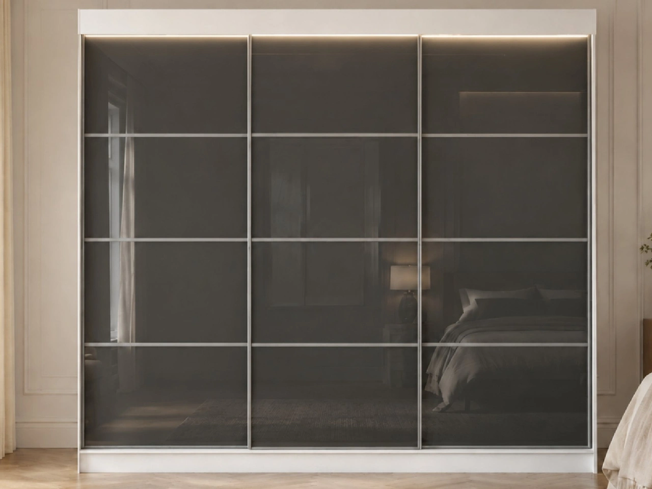 Schiebetürenschrank mit Sprossen 250 cm mit LED-Beleuchtung Ponti Weiß, Grau