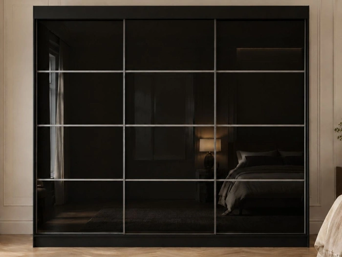Schiebetürenschrank mit Sprossen 250 cm mit LED-Beleuchtung Ponti Schwarz