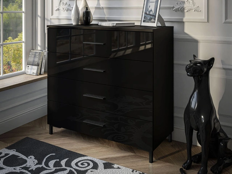 Kommode mit vier Schubladen und LED-Beleuchtung auf Schwarzen Beinen Nuveo Schwarz Hochglanz