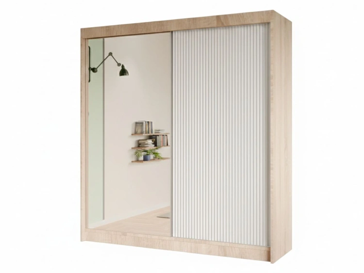 Schiebetürenschrank mit geriffelter Front und Spiegel 200 cm Fano Eiche Sonoma, Weiß