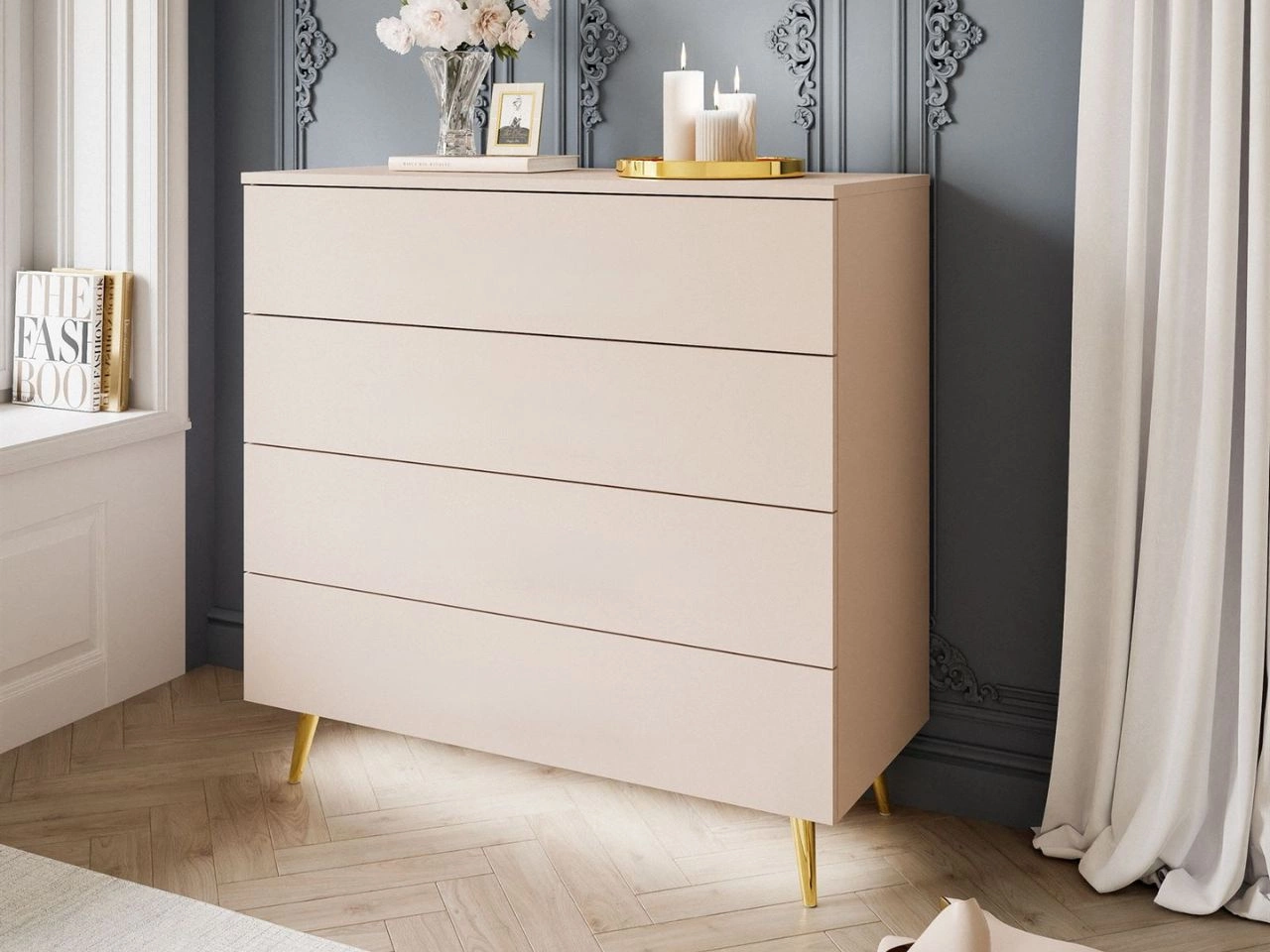 Kommode mit Schubladen und LED-Beleuchtung auf Goldenen Metallbeinen Nuveo Kaschmir