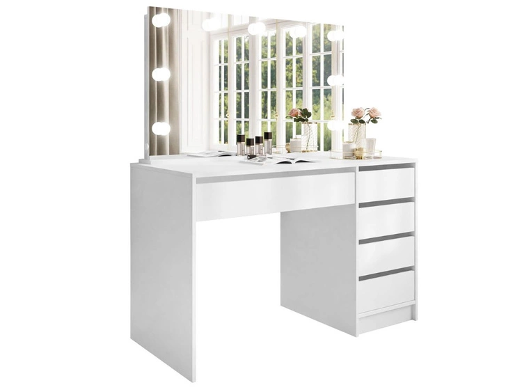 Schminktisch mit Spiegel, Schubladen und LED Melo Elite Weiß Matt