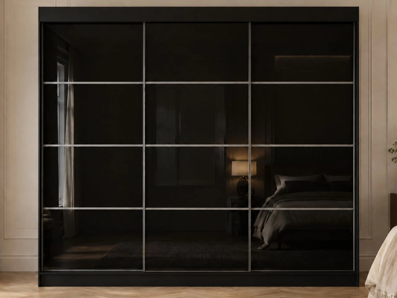 Schiebetürenschrank mit Sprossen 250 cm mit LED-Beleuchtung Ponti Schwarz