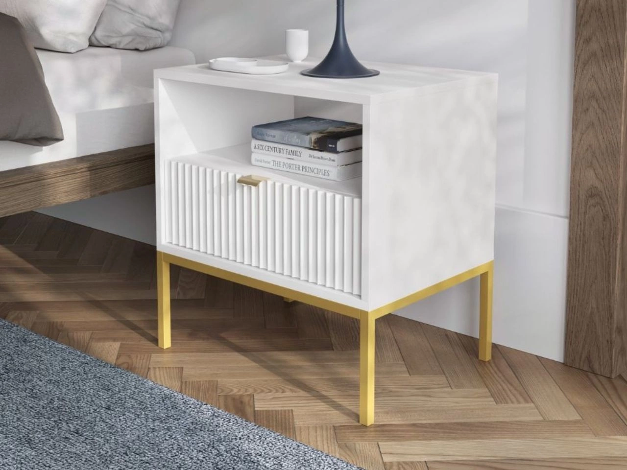 Nachtschrank mit Schublade Amber Weiß, Gold Frame