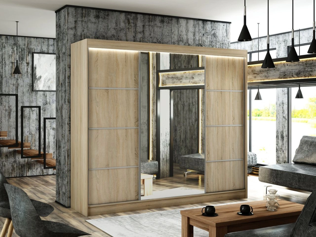 Schiebetürenschrank mit Spiegel 250 cm mit LED-Beleuchtung Portel Eiche Sonoma