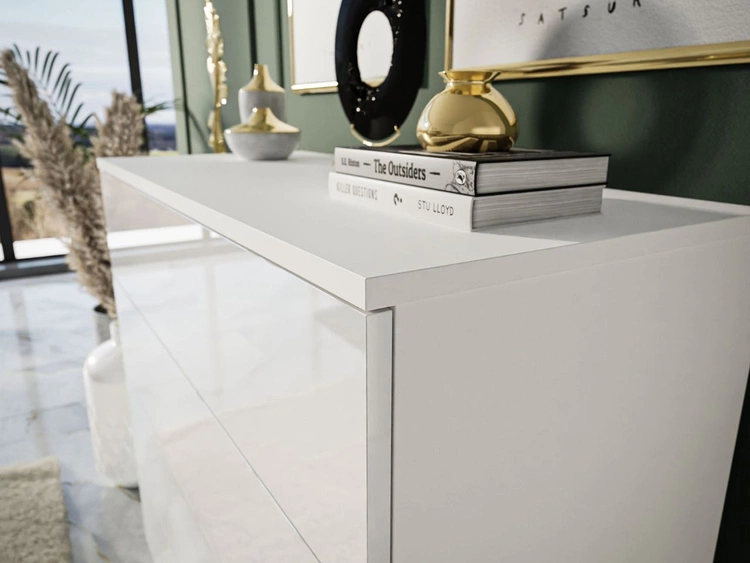 Kommode mit vier Schubladen und LED-Beleuchtung auf Silbernen Metallbeinen Nuveo Weiß Hochglanz